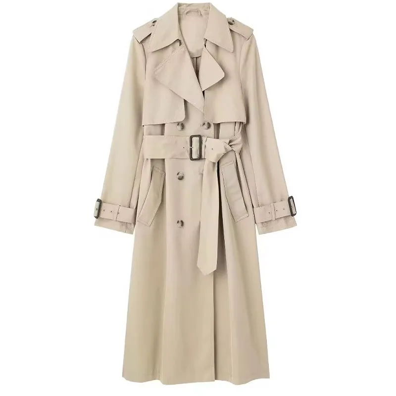 Women's Fashion Autumn Slim Trench Coats Solid Turn-Down Collar Long Sleeves Belt Decoration Double Breasted Female Coats