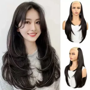 22/24Inch Synthetic V-shaped Layered 4 Clips Long Straight Hair Extension Fashion Invisible Hairpiece Wig for Women