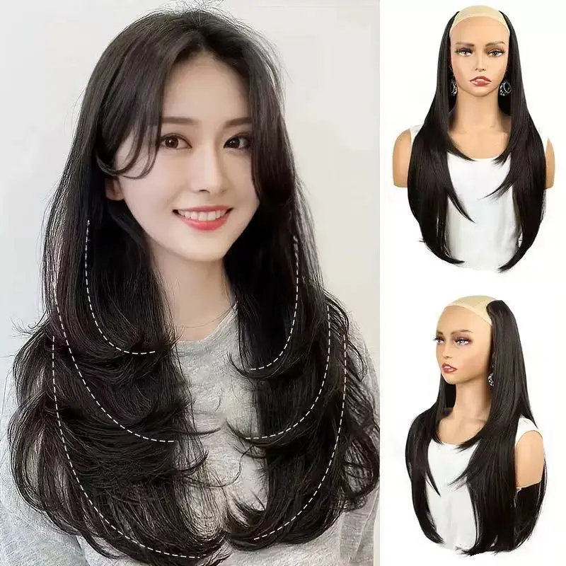 22/24Inch Synthetic V-shaped Layered 4 Clips Long Straight Hair Extension Fashion Invisible Hairpiece Wig for Women