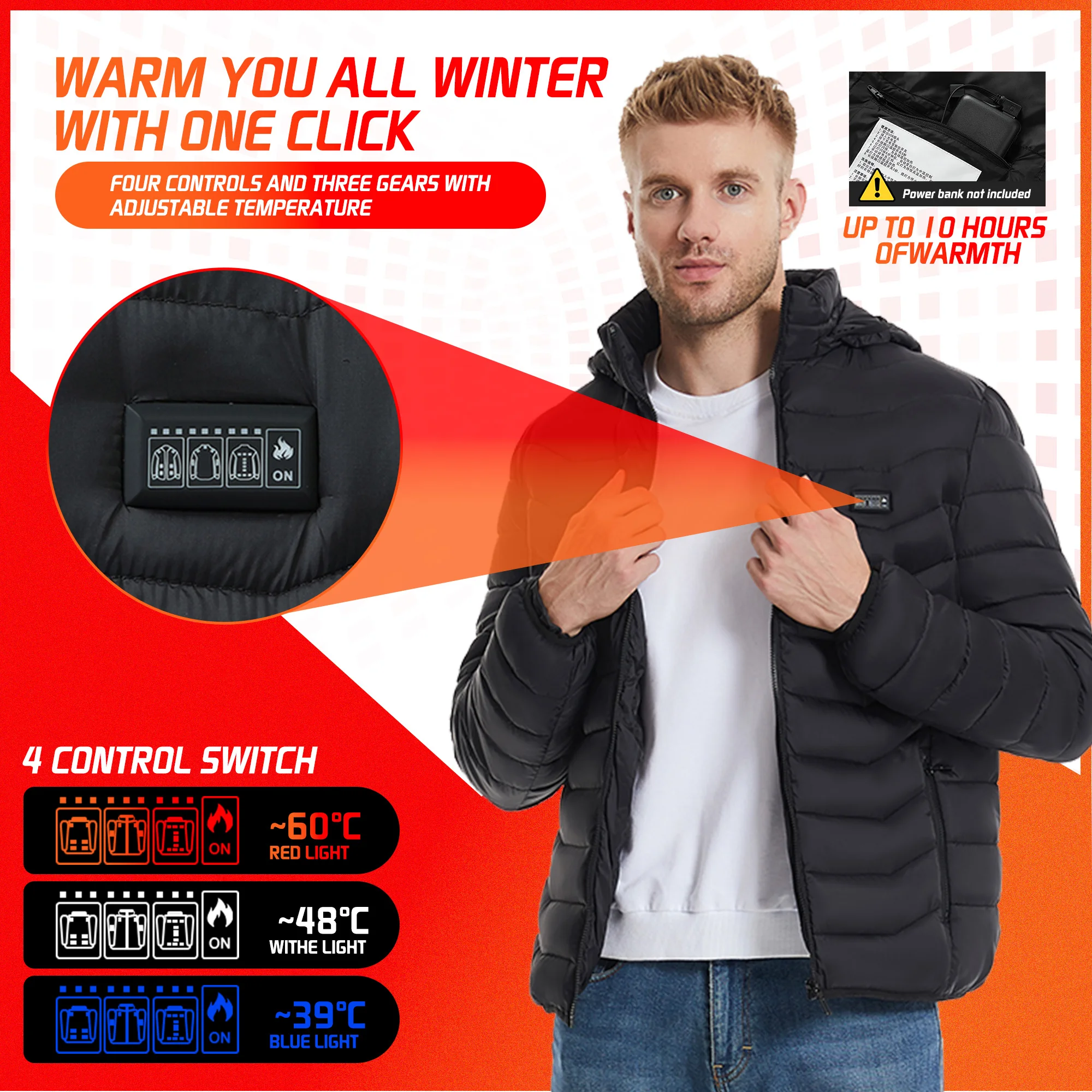 21 Areas Heated Jacket Men Casual Ski Cold-proof Thermal Padded Motorcycle Jacket Women's USB Electric Smart Self-heating Clothe - Image 3