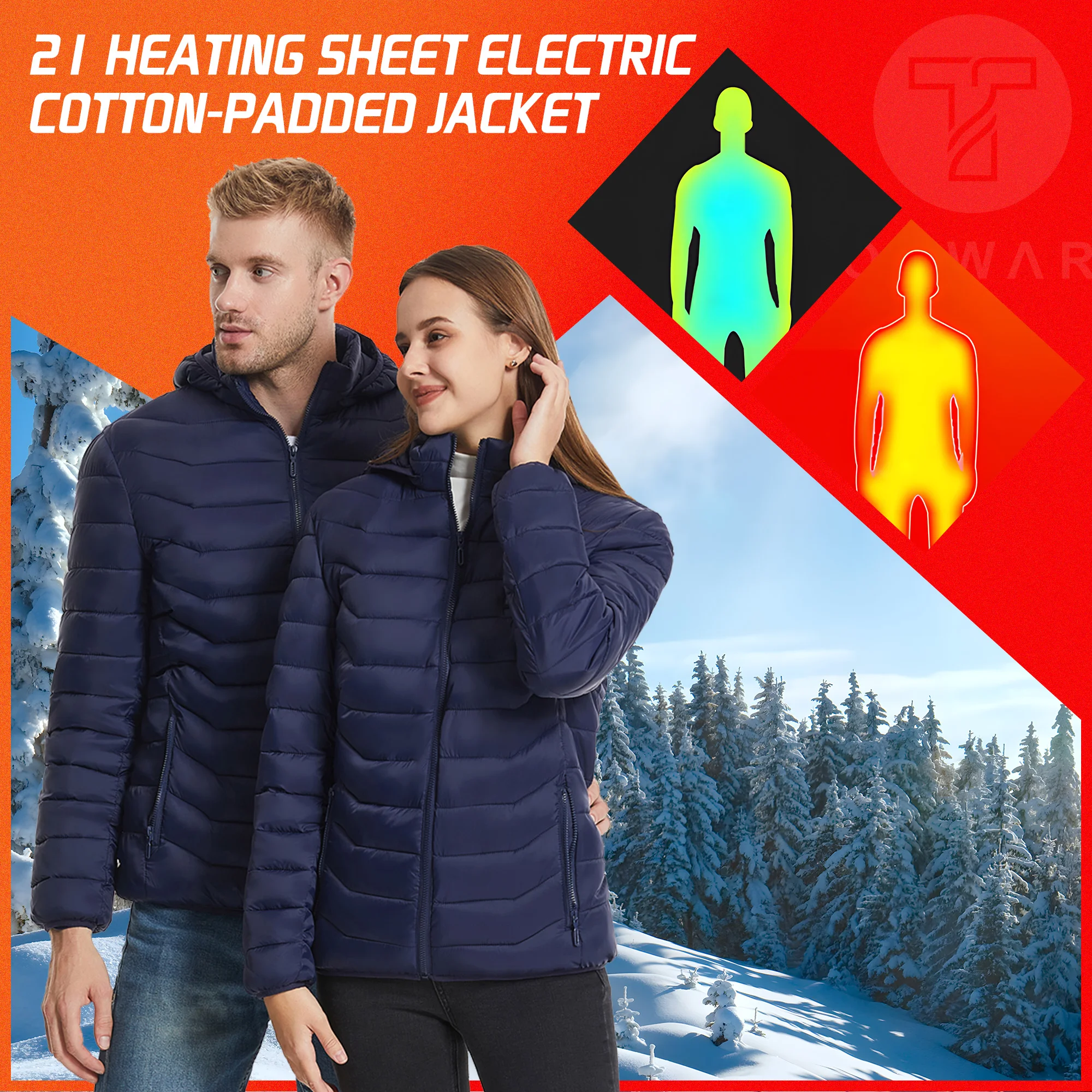 21 Areas Heated Jacket Men Casual Ski Cold-proof Thermal Padded Motorcycle Jacket Women's USB Electric Smart Self-heating Clothe - Image 2