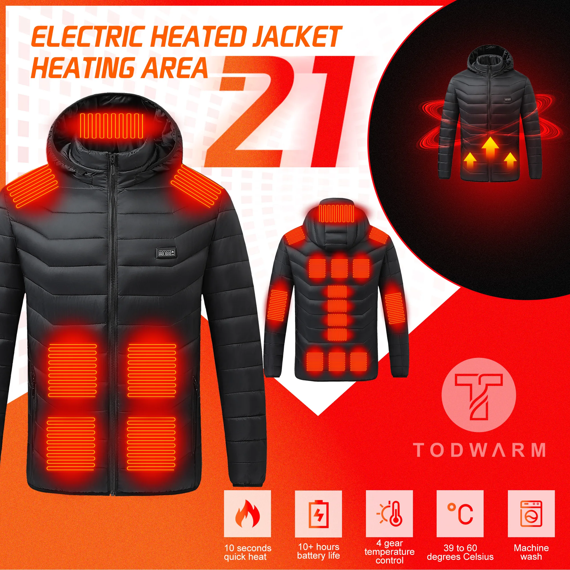 21 Areas Heated Jacket Men Casual Ski Cold-proof Thermal Padded Motorcycle Jacket Women's USB Electric Smart Self-heating Clothe - Image 4