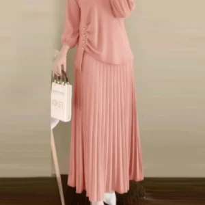 ZANZEA Muslim Woman 2 Piece Sets Islamic Fashion Ruched 3/4 Sleeve Tops Pleated Maxi Skirts 2PCS Outfits Solid Color Skirt Sets