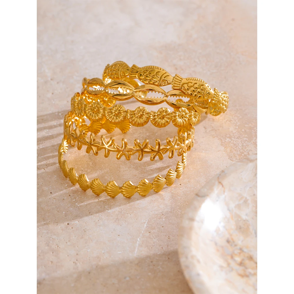 Yhpup Summer Ocean Style Fish Shell Starfish Cuff Open Bracelet Bangle 18K Gold Color PVD Stainless Steel Jewelry Wholesale Gift - Image 6