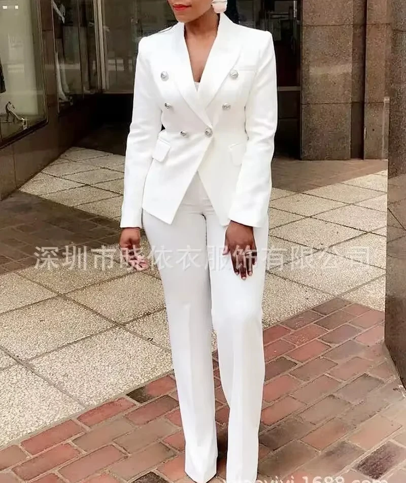 Women Pants Set Two Piece Sets Turn Down Collar White Blazer Elegant Coats Matching Sets Work High Waist Long Pants Suits