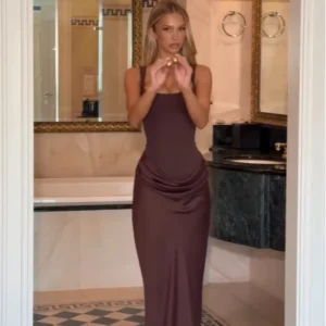 Solid Pleated Sling Dress Women Square Neck Sleeveless Off-shoulder Waist Cinching Slim Dresses Lady Evening Party Gowns 2025