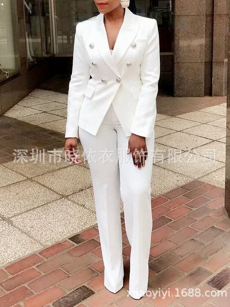 Women Pants Set Two Piece Sets Turn Down Collar White Blazer Elegant Coats Matching Sets Work High Waist Long Pants Suits - Image 5