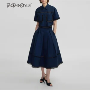 TWOTWINSTYLE Solid Two Piece Sets For Women Lapel Short Sleeve Tops High Waist A Line Skirt Slimming Sets Female Fashion Style