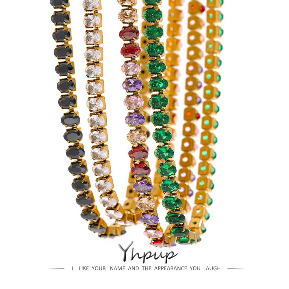 Yhpup Luxury Waterproof CZ Tennis Cubic Zirconia Stainless Steel Choker Necklace Bracelet Bling Jewelry Set for Women Party