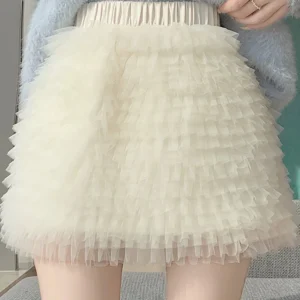 Sweet Mesh Mini Skirts Women High Waist Sexy Slim A Line Skirts Spring Summer Korean Vintage Female Preppy Style Elegant Skirt