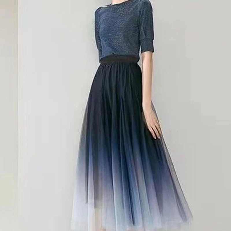 MEXZT Elegant Tulle Skirts Women High Waist Gradient Mesh Pleated Midi Skirt Korean Elastic Loose Casual All Match A Line Skirt - Image 5