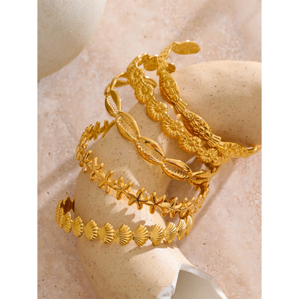 Yhpup Summer Ocean Style Fish Shell Starfish Cuff Open Bracelet Bangle 18K Gold Color PVD Stainless Steel Jewelry Wholesale Gift - Image 2