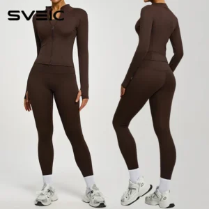 SVEIC Two Piece Set Yoga Coat Sports Top Long Sleeve Jacket Fitness Breathable Women's Tracksuit High Waist Leggings Gym Clothes
