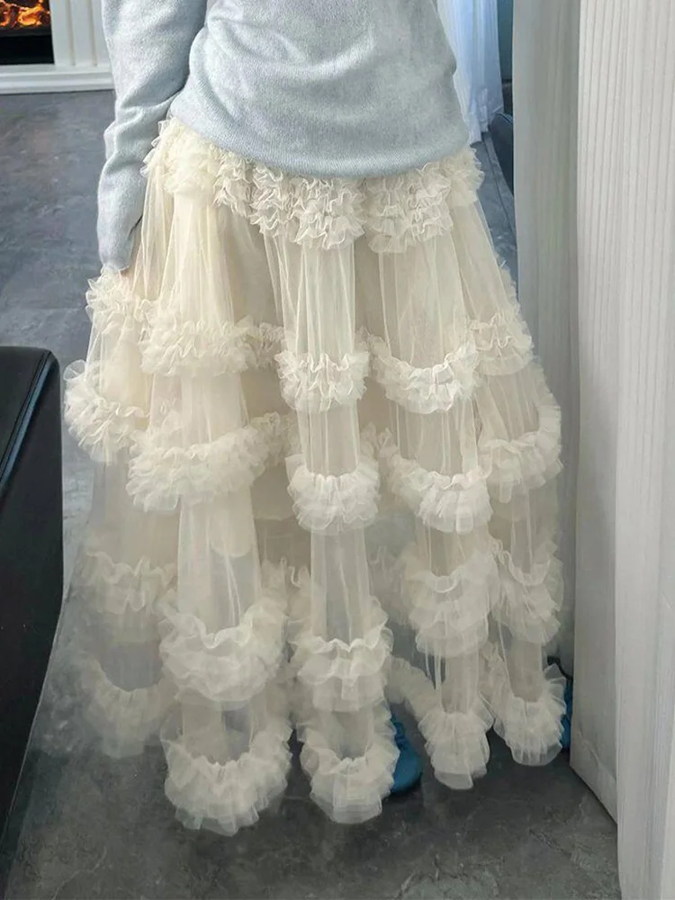 Elegant Mesh Long Skirts Women Sweet Preppy Style High Waist Ruffles Skirt Spring Fashion Korean Female Casual Loose Long Skirt - Image 4