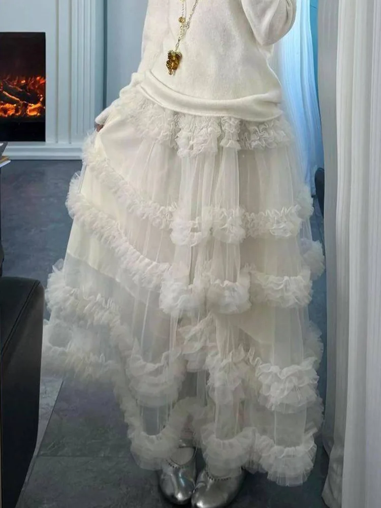 Elegant Mesh Long Skirts Women Sweet Preppy Style High Waist Ruffles Skirt Spring Fashion Korean Female Casual Loose Long Skirt - Image 5