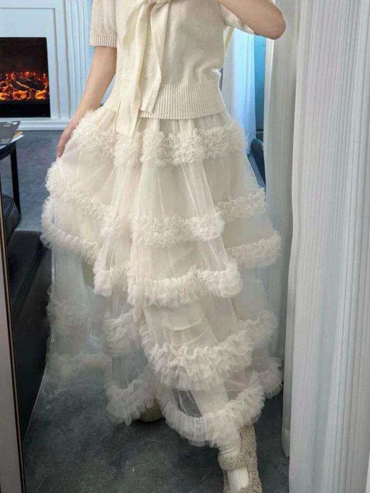 Elegant Mesh Long Skirts Women Sweet Preppy Style High Waist Ruffles Skirt Spring Fashion Korean Female Casual Loose Long Skirt - Image 2