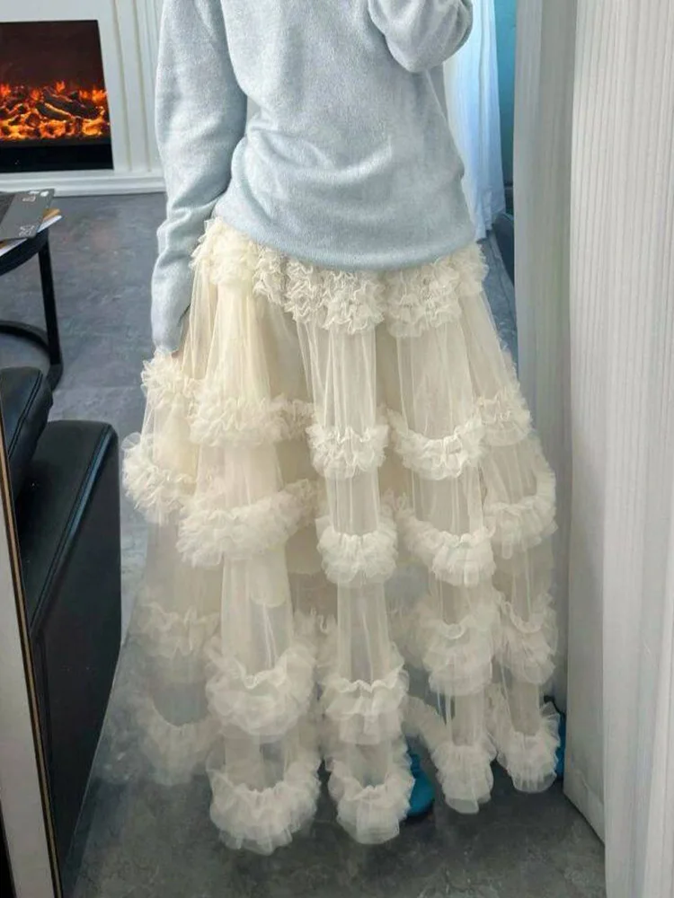 Elegant Mesh Long Skirts Women Sweet Preppy Style High Waist Ruffles Skirt Spring Fashion Korean Female Casual Loose Long Skirt - Image 6