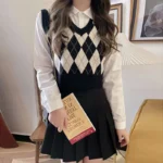 Vintage Diamond Cartoon Youthful Knit Vest Women Spring Popular Autumn Winter Sweater Sleeveless Coat Layering Outerwear Top