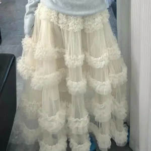 Elegant Mesh Long Skirts Women Sweet Preppy Style High Waist Ruffles Skirt Spring Fashion Korean Female Casual Loose Long Skirt