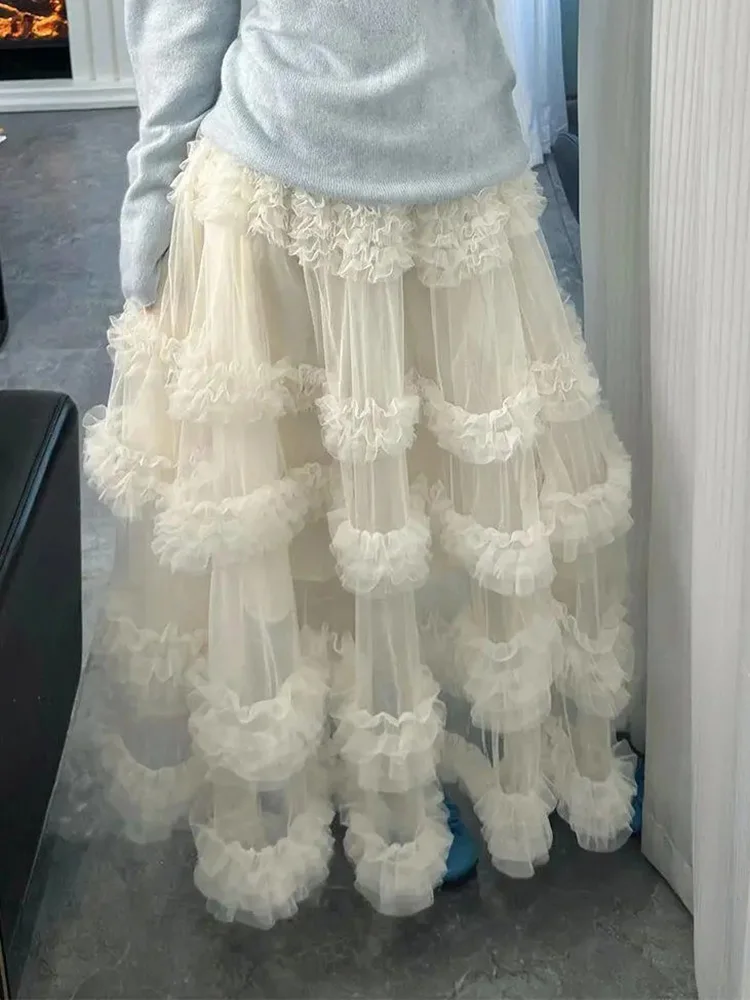 Elegant Mesh Long Skirts Women Sweet Preppy Style High Waist Ruffles Skirt Spring Fashion Korean Female Casual Loose Long Skirt