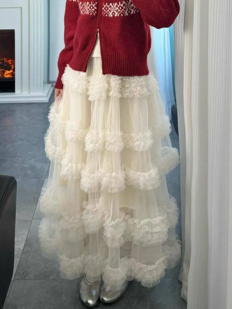 Elegant Mesh Long Skirts Women Sweet Preppy Style High Waist Ruffles Skirt Spring Fashion Korean Female Casual Loose Long Skirt - Image 3