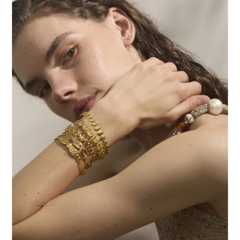 Yhpup Summer Ocean Style Fish Shell Starfish Cuff Open Bracelet Bangle 18K Gold Color PVD Stainless Steel Jewelry Wholesale Gift - Image 5