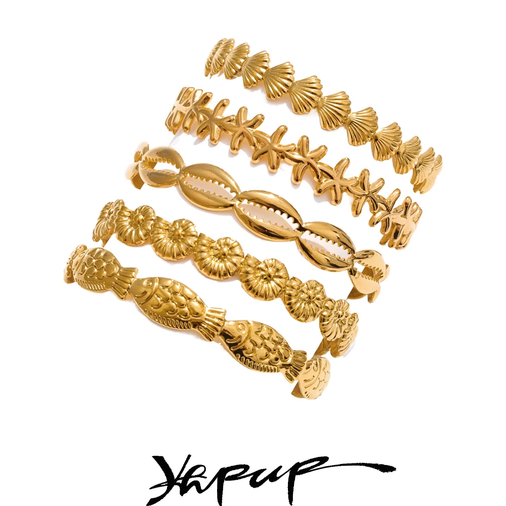 Yhpup Summer Ocean Style Fish Shell Starfish Cuff Open Bracelet Bangle 18K Gold Color PVD Stainless Steel Jewelry Wholesale Gift