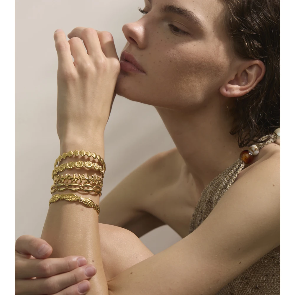 Yhpup Summer Ocean Style Fish Shell Starfish Cuff Open Bracelet Bangle 18K Gold Color PVD Stainless Steel Jewelry Wholesale Gift - Image 3