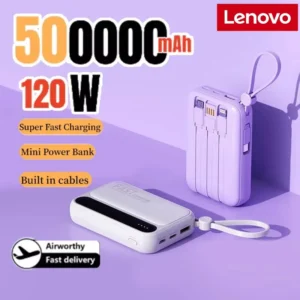 Lenovo 50000mAh 120W Power Bank Large Capacity 4 in1 Cables Intelligent Digital Display Portable Powerbank For iPhone Samsung