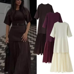 HH Women Elegant Half Sleeves O-Collar Pleated Dress Spring Woman Rear Zipper Splicing Vintage Casual Knitted Long Dress