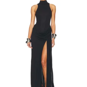Blifanbo Turtleneck Off-shoulder Sleeveless Thigh Split High Waist Pleated Maxi Dress For Women Elegant Fashion Club Party Dress