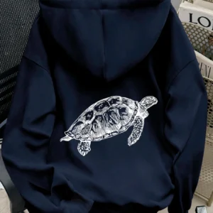 Womens Cotton Hoodie Dark Blue Color Sea Turtle Print Front Small Back Large Design Loose Fit Autumn Winter Warmth Casual