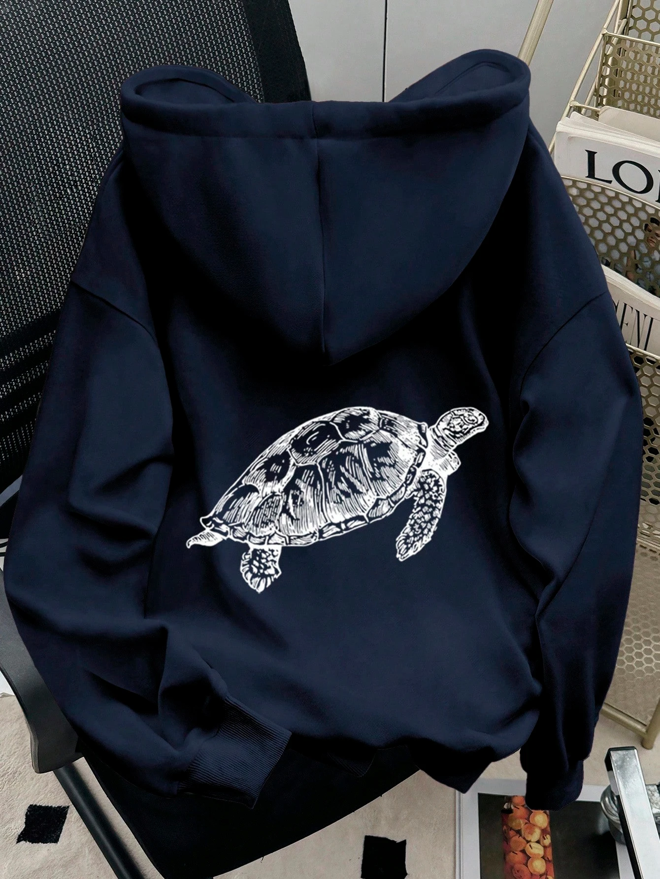 Womens Cotton Hoodie Dark Blue Color Sea Turtle Print Front Small Back Large Design Loose Fit Autumn Winter Warmth Casual