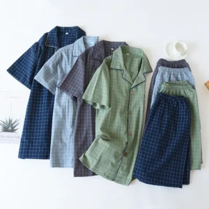 High Quality and Durable Men Cotton Pajama Set Single-Line Checkered Matching Loungewear Checkered Cardigan Shorts Sleepwear