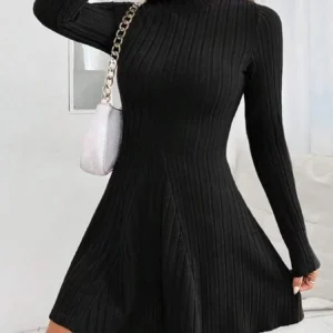 Women's slim fit half high collar waist cinched A-line skirt long sleeved pit stripe dress