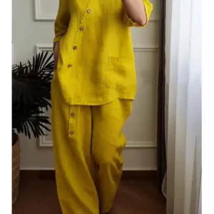 Casual 2PCS Fashion Women Suit 2024 Spring Summer 3/4 Sleeve Pocket Button Blouse Loose Pant Sets Work Solid Two Piece Sets