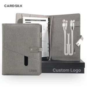 Grey Wireless Charging Notebook with USB Drive, 3-in-1 Cable, Card Slots & Document Pocket, A5 Planner for Business Use
