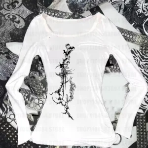 Aesthetic Letter Print Womens T-Shirt Gothic American Style Y2K Retro Stiletto Chic Harajuku Streetwear Emo Girl Long Sleeve Top