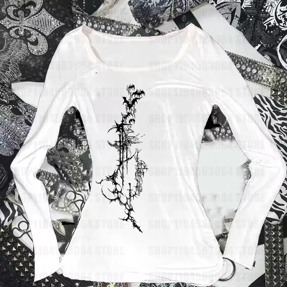 Aesthetic Letter Print Womens T-Shirt Gothic American Style Y2K Retro Stiletto Chic Harajuku Streetwear Emo Girl Long Sleeve Top