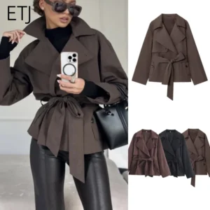 ETJ Autumn 2025 new collection women's British style lapel double-breasted Maillard color belt casual trench coat