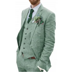 3 Piece Men's Retro Linen Men Suit Beach Wedding Suit Summer Slim Fit Linen Suit Groomsmen For Wedding（Blazer+Vest+Pants)