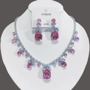 Luxury Waterdrop Pendant Jewelry Set Earring Pink Necklace For Women Bridal Wedding Exquisite Fashion Zircon Party Banquet Gift