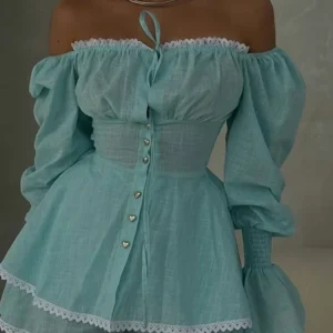 Fashion Off Shoulder Shirt Short Pants Suit Women Lace Up Solid Puff Sleeve Patchwork Shorts Female 2025 Summer Beach Sets Lady