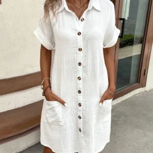 Vintage Women Solid Mini Dress Summer Fashion V-neck Three Quater Sleeve Cotton Linen Dress Ladies Casual Holiday Vestidos