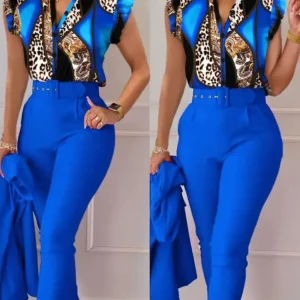 Womens Elegant Slim Two-Piece Sets Summer Fashion Print V Neck Button Flying Sleeve Shirt Top & Solid Long Pants Suits With Belt