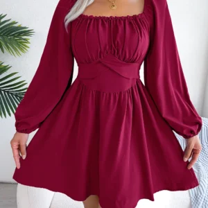2023 Women Autumn Casual Long Sleeve Fit And Flare Dress Blue Red White