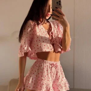 Marthaqiqi Cotton Female Sleepwear Set Sexy V-Neck Pajama Lace Up Nightie Crop Top Nightgowns Shorts Printing Women Home Clothes