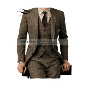 Brown Tweed Men Suits 3 Pieces Formal Business Suit Set Custom Gentle-Mens Groom Wedding Dress Blazer Suits(Jacket+Pants+Vest)