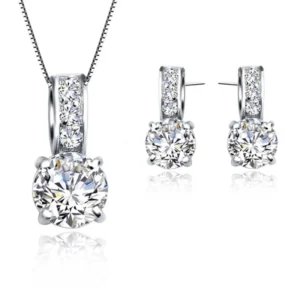925 Sterling Silver Color Bridal Jewelry Set Classic Cubic Zircon Crystal Pendant Necklace Stud Earrings for Women Girls Gift