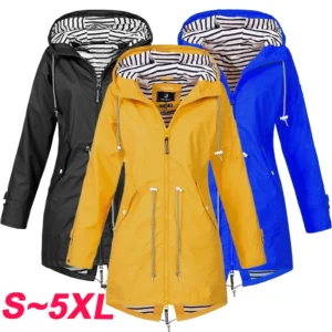 Fashionable women's windproof and waterproof trench coat Long sleeved coat Casual pants Zipper hooded raincoat S~5XL
